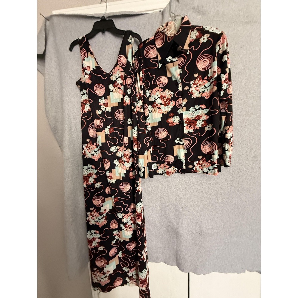 Vtg Fritzi Of California Dress Shirt Set Womens 8 Black Floral Maxi 2 Piece